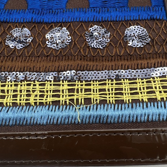 Tory‎ Burch Reva Brown Blue Yellow Embroidery Sequin Clutch Chain Strap RARE - Picture 6 of 9